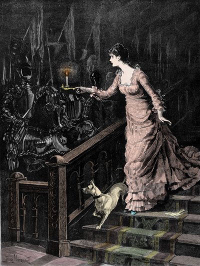 De spookachtige wapenrusting: een jonge vrouw daalt de treden van een trap af en richt de kaars die ze in haar hand houdt naar een set harnassen. Illustratie uit het einde van de 19e eeuw door Unknown artist