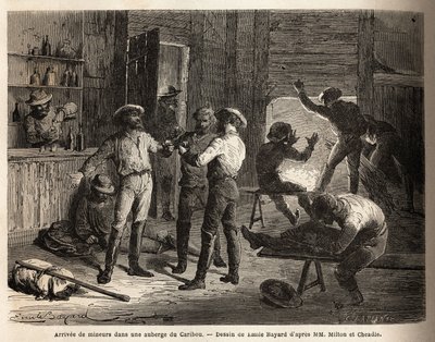 De aankomst van mijnwerkers in een Caribou herberg (Canada), scènes van ontspanning en hereniging, onder het genot van een drankje. Gravure ter illustratie van de reis van de Atlantische naar de Stille Oceaan (route du nord ouest par les terres), in 1862-1 door Unknown artist
