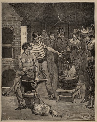 De kunst van glas: ervaring met batavische tranen. Druppels gesmolten glas worden in een koudwaterbad gedruppeld, die bevriezen in de vorm van tranen. Gravure uit 1885 in “Les arts et métiers illustrés” door Adolphe BITARD door Unknown artist