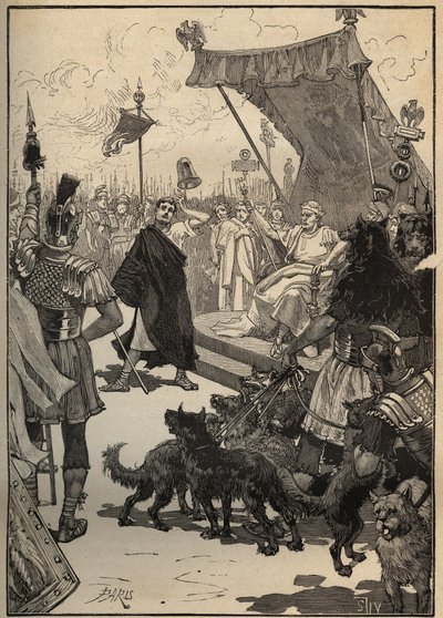 De kunst van glas: glas gehard in het oude Rome. Een ambachtsman gooit een glazen vaas tegen platen en het object breekt niet tot verbazing van de toeschouwers, waaronder keizer Tiberius (Tiberio Claudio Nerone, 42 v.Chr.-37 n.Chr.). Gravure uit 1885 in “L door Unknown artist