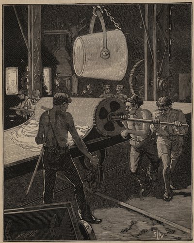 De kunst van glas: ijs maken. Stap genaamd “de grote stroom”. Gravure uit 1885 in “Les arts et métiers illustrés” door Adolphe BITARD door Unknown artist