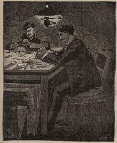 De kunst van de edelsteenbewerking: graveren van cameeschelp. Gravure uit 1885 in 
