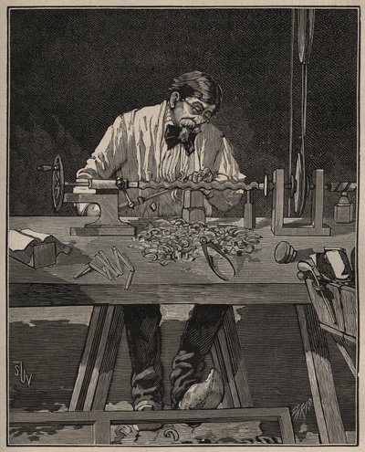De kunst van de draaibank: het vormen van een torso kolom. Gravure uit 1885 in 
