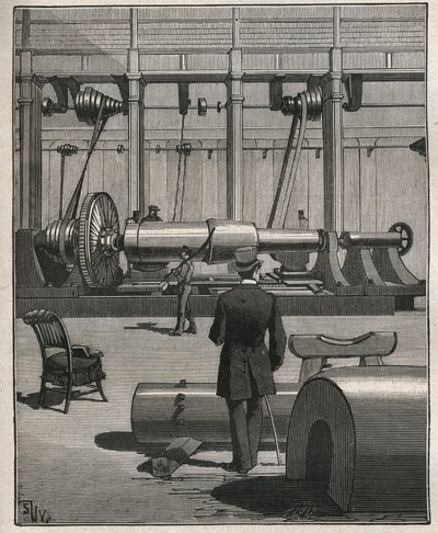 De kunst van de tour: het schieten van een stalen monstergeschut. Gravure uit 1885 in 