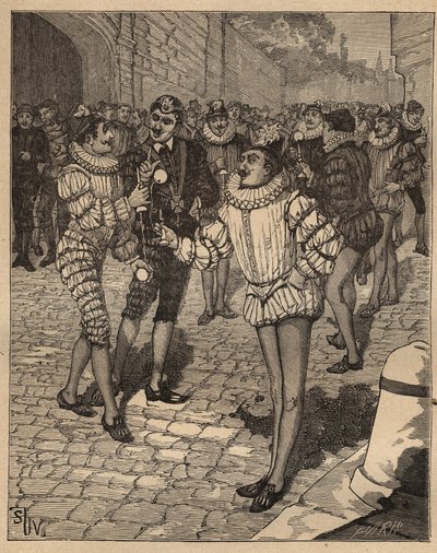 De kunst van het draaien: de bal. Koning Hendrik III (1551-1589) en zijn hovelingen spelen bilboquet op straat. Gravure uit 1885 in 