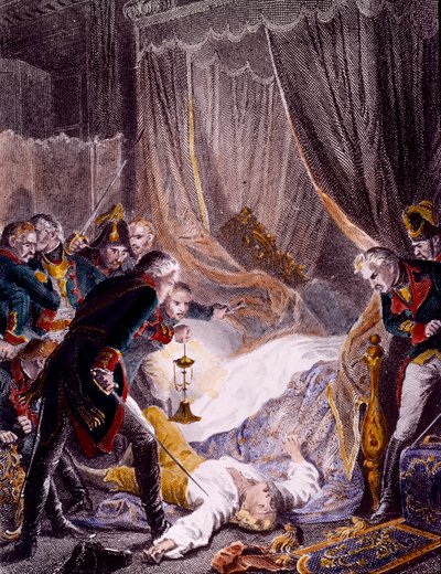 De moord op Paul I Petrovich (1754-1801), Russische tsaar in zijn kamer in het Sint-Michielspaleis door Unknown artist