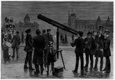 De astronoom en zijn astronomische kijker op de Place du Chatelet, in Parijs, ten tijde van de waarnemingen van de planeet Venus, in februari 1889. Gravure in 