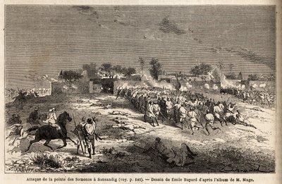 De aanval op Sansandig door het leger van koning Ahmadou (Toucouleur), waar gevluchte Bambara hun toevlucht zochten. Gravure ter illustratie van de reis naar West-Soedan van luitenant (marine) M.Mage, in 1863-1866, gepubliceerd in 