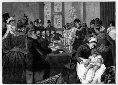 De babywedstrijd. Moeder toont hun naakte kind voor de jury rue du Cloitre Notre Dame (Cloitre-Notre-Dame) in Parijs voor de verkiezing van de mooiste baby. Gravure in "Le Monde illustré" door Unknown artist