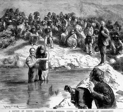 De doop in Noord-Amerika van een Indiaan door een mormoon die poseert voor de camera als de apostelen van het christendom. Illustratie van de 19e eeuw door Unknown artist