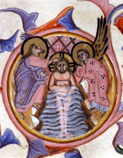 De doop van Christus in de Jordaan door Johannes de Doper - naar een miniatuur van een 14e-eeuws manuscript. door Unknown artist