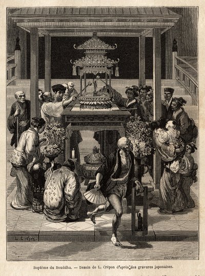 De doop van de Boeddha, een jaarlijks feest dat plaatsvindt op de 8e dag van de 4e maand, gelovigen besprenkelen het bronzen beeld van de Boeddha dat voor de gelegenheid voor de tempels wordt tentoongesteld. Gravure ter illustratie van de reis naar Japan,  door Unknown artist
