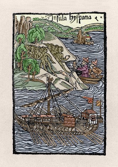 De ontscheping op Hispaniola door Christoffel Columbus (1451-1506). Gravure uit 