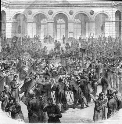 De mand van wisselagenten, op de Parijse Beurs in 1865. Gravure naar de tekening van M.G. Roux door Unknown artist
