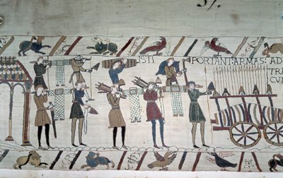 De slag tussen de Engelse infanteristen (troepen van Harold) en de Normandiërs te paard (troepen van Guillaume) - Tapijt van Bayeux, bekend als Borduurwerk van Koningin Mathilde door Unknown artist