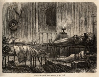 De slaapkamer van de christelijke missie van San Jose (Peru), die de auteur verwelkomt tijdens zijn reis. Gravure ter illustratie van de reis van de Stille Oceaan naar de Atlantische Oceaan, door Zuid-Amerika, in 1848-1860 door Paul Marcoy, in 