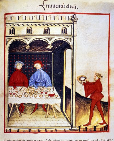 De voordelen van tarwe: een maaltijd op basis van brood. Verlichting uit de melk van geneeskunde en diëtetiek “Tacuinum sanitatis” door Unknown artist