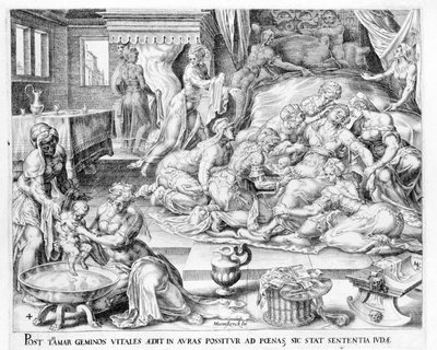 De geboorte van Thamar. 17e-eeuwse gravure door Antonio Blocklaus. door Unknown artist