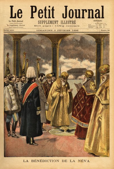 De zegening van de Neva, een Russische traditie die elk jaar plaatsvindt in Sint-Petersburg tijdens de epifanie. Gravure in "Le petit journal" 3/02/1895. Selva