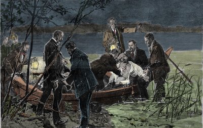 Het lichaam van Lodewijk (Ludwig) II van Beieren Wittelsbach (1845-1886) gevonden verdronken met Dr. Gudden in het Starnbergmeer nabij Slot Berg in juni 1886 door Unknown artist