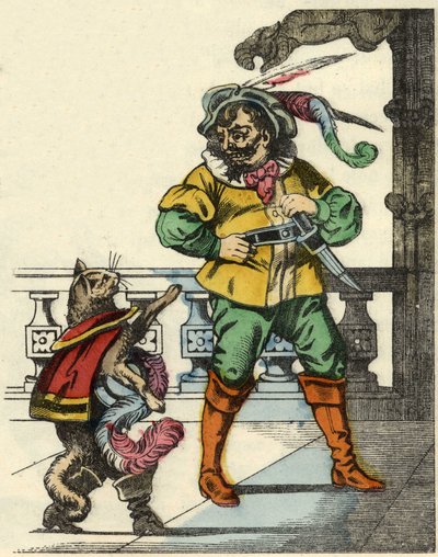 De gelaarsde kat ontmoet de reus. Illustratie van het sprookje 