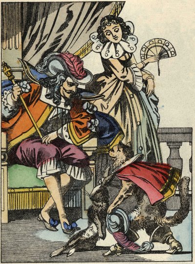 De gelaarsde kat biedt het konijn aan de koning aan van zijn meester, de Markies van Carabas. Illustratie van het sprookje 