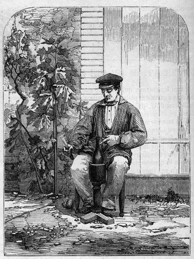 Het bottelen van Champagnewijn. Gravure uit 1864. door Unknown artist