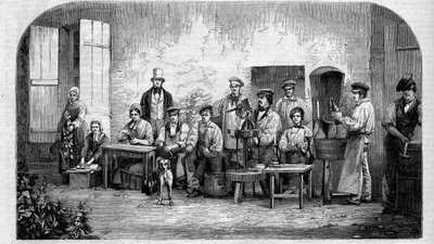 Het bottelen van Champagnewijn. Gravure uit 1864. door Unknown artist