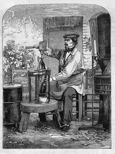 Het bottelen van Champagnewijn. Gravure uit 1864. door Unknown artist