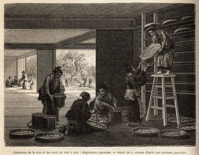 De kweek en handel van cocons van zijderupsen: een magneerie voor sericultuur, met op de achtergrond de teelt van moerbeibomen, onmisbaar voor het voeden van bombyx. Gravure ter illustratie van de reis naar Japan, door Aime Humbert, minister van de Zwitser door Unknown artist