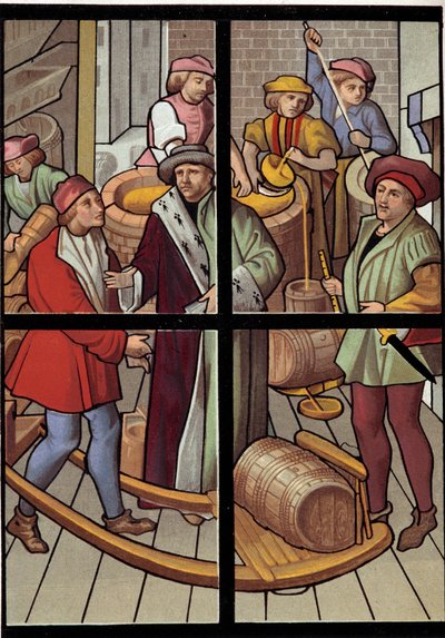 De brouwers. Lithografie van een glas-in-loodraam van de kathedraal van Doornik uit de 15e eeuw. 19e eeuw. Parijs, decoratieve kunsten door Unknown artist