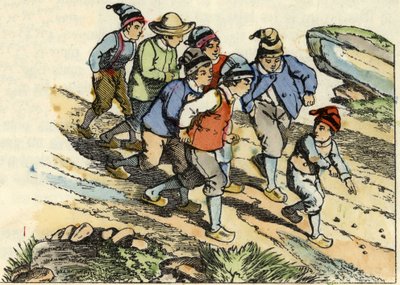 De broers volgen de Kleine Duim die witte kiezelstenen op de weg strooide (illustratie van het sprookje 