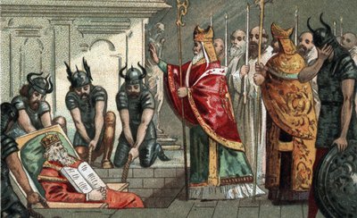 De begrafenis van Karel de Grote in 814 in de kathedraal van Aken in Duitsland. Chromolithografie uit het einde van de 19e eeuw. door Unknown artist