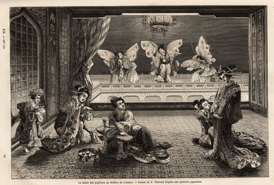 Het vlinderballet in het Gankiro Theater, in het Miyozaki Pleasure District in Yokohama. Gravure ter illustratie van de reis naar Japan, door Aime Humbert, minister van de Zwitserse Confederatie, in 1863-1864, gepubliceerd in 