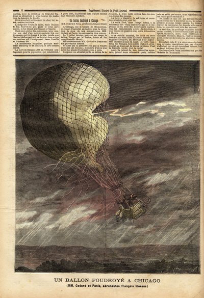 De gevangen ballon (gevangen ballon) van de Franse heren Godard en Panis, slachtoffer van een ongeluk veroorzaakt door de storm op 7 juli, op het terrein van de Wereldtentoonstelling in Chicago, tijdens de vlucht werd de ballon geraakt en geraakt, waarbij  door Unknown artist