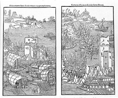 De verovering van Rhodos door de Turken in 1522. De Turken vallen het fort van St. Nicolaas aan. Houtsnede. door Unknown artist