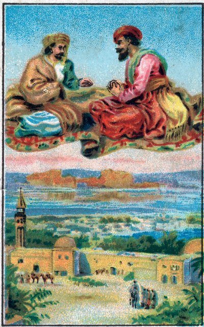 Het tapijt van de geneugten. Verhaal van Prins Ahmed en de fee Paris-Banou (Pari Banou) (Paribanu). Verhaal van 1001 nachten (verhalen van de duizend en één nachten). Chromolithografie van de late 19e eeuw door Unknown artist