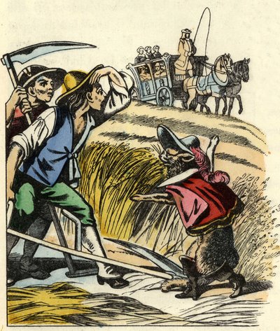 De kat dwingt de boeren te zeggen dat het veld waarin ze het graan maaien toebehoort aan de Markies van Carabas (illustratie van het sprookje 