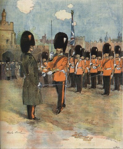 De wisseling van de wacht bij Buckingham Palace in Londen in 1893. Illustratie door M.C. Morel. Bianchetti collectie. door Unknown artist