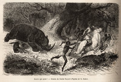 De aanval van de neushoorn die de jagers omverwerpt en in de val lokt, tijdens de zoektocht naar de auteur en zijn gidsen. Gravure ter illustratie van de verkenning van de Abessijnse zijrivieren van de Nijl, door Sir Samuel W.Baker, in 1861-62, gepubliceer door Unknown artist