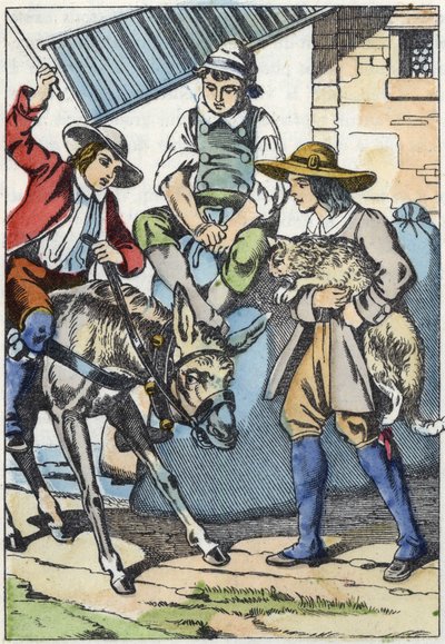 De kinderen van de overleden molenaar verdelen zijn eigendommen: ezel, molen en kat. Illustratie van het sprookje 