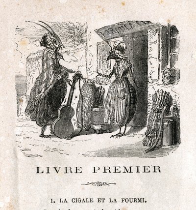 De krekel en de mier. Fabel door La Fontaine. Gravure uit de 19e eeuw door Unknown artist