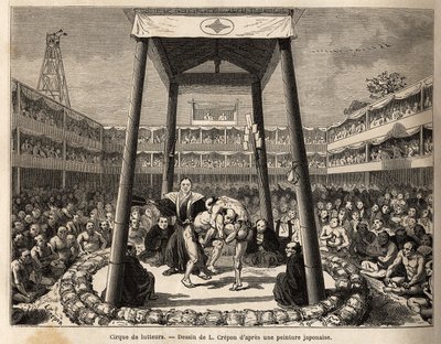 Het circus van worstelaars, die wachten op hun beurt om te vechten, vindt plaats in de arena onder de houten kooi; overal omheen, de menigte toeschouwers en gokkers kijken gepassioneerd naar de gevechten. Gravure ter illustratie van de reis naar Japan, doo door Unknown artist