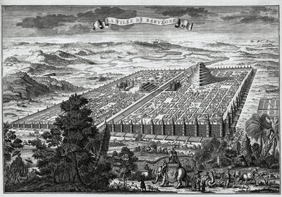 De stadsmuren van Babylon omringen de hangende tuinen en de toren van Babel door Unknown artist
