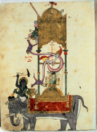 De clepsydra van de olifant. Dit is een middeleeuwse islamitische uitvinding bestaande uit een olifantvormige waterklok ontworpen door de Turkse ingenieur Ibn al-Rajjaj al-Jazari rond 1200. door Unknown artist