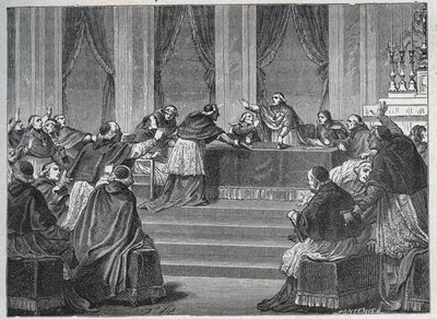 De geestelijkheid van Frankrijk en Italië ontmoette elkaar in Parijs voor de vergadering van de Franse Nationale Raad op 9 juni 1811, voorgezeten door kardinaal Fesch (1763-1839). door Unknown artist