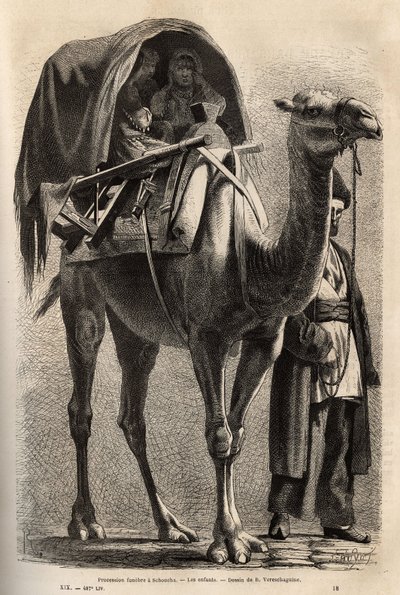 De herdenkingsprocessie van de martelaar Hossein, na het voorbijgaan van martelaren en boetelingen, nemen vrouwen deel aan de processie, half verborgen op kamelen, geleid door het hoofd van de familie. Gravure ter illustratie van de reis in de provincies v door Unknown artist