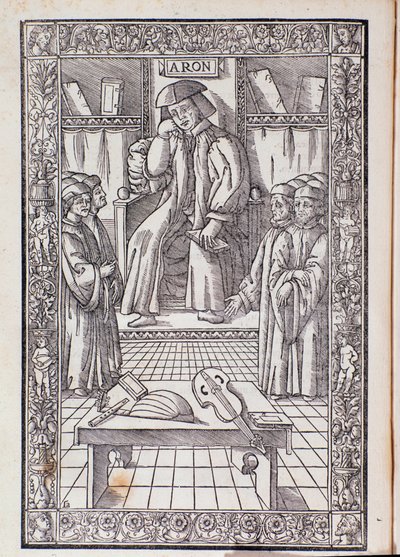De componist en muziektheoreticus Pietro Aaron als voorzitter onder zijn studenten. Illustratie uit Toscanello in musica door Unknown artist