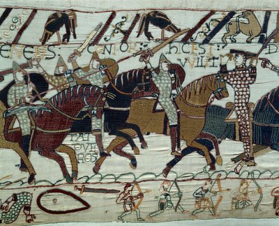 De verovering van Engeland door het leger van de hertog van Normandië Willem de Veroveraar (1027-1087): Hertog Willem wordt herkend door zijn soldaten door zijn helm op te tillen tijdens de slag bij Hastings (detail) door Unknown artist