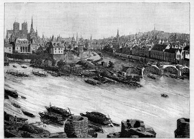 De bouw van de Pont Neuf in Parijs die door het Square du Vert-Galant aan het einde van het Ile de la Cité loopt. De eerste werken in 1578. Gravure in "Le Monde illustré" door Unknown artist